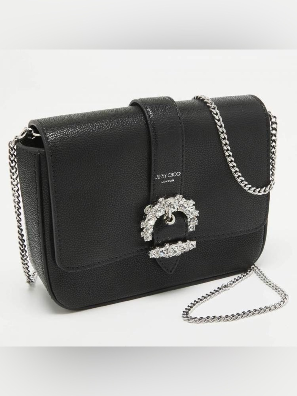 Jimmy Choo Cheri Crystal Buckle Crossbody Bag‎ Black Leather Chain